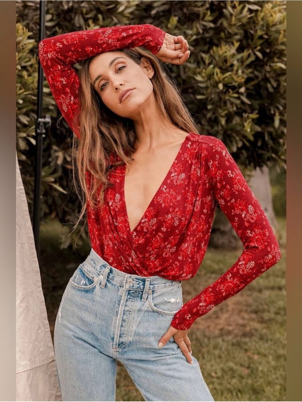 Free People turnt red floral print long sleeve bodysuit size medium NWOT - Picture 1 of 11